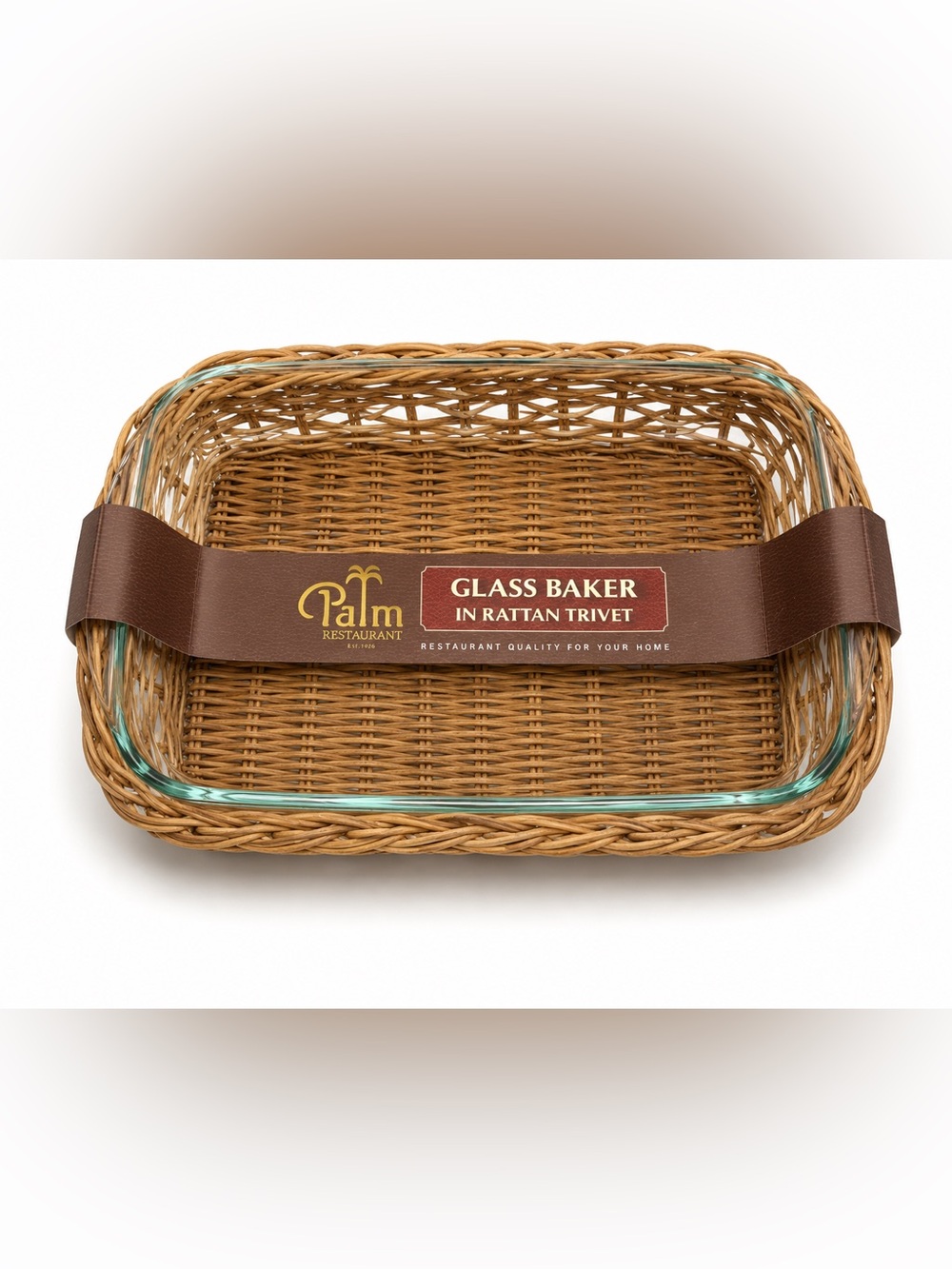 Glass Baker in Rattan Trivet - Brown